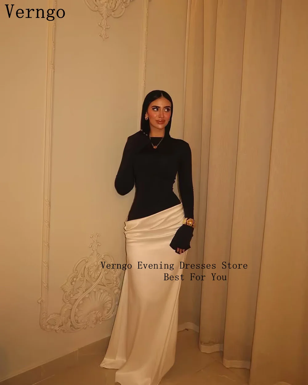 Verngo Black Crepe Evening Dress High Neck Full Sleeves Mermaid Prom Gowns Elegant Simple Formal Occasion Dresses Customized image 2