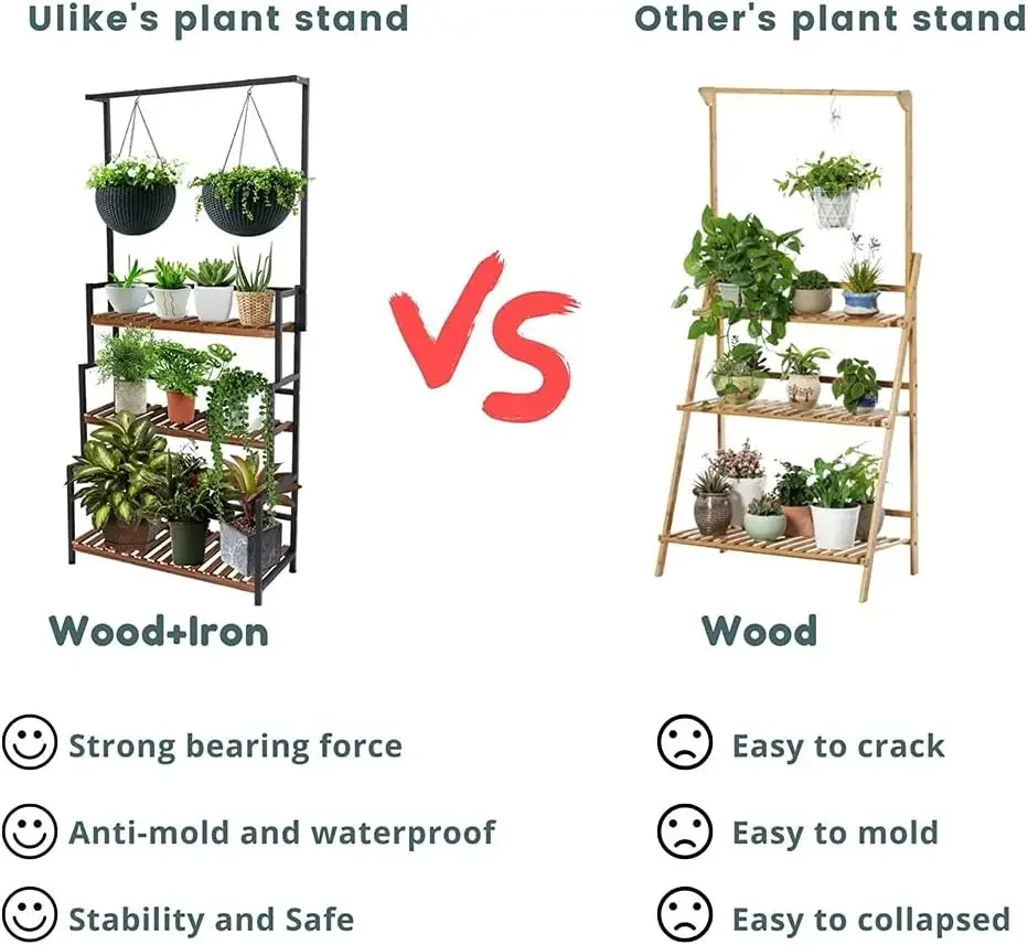 Stand Outdoor Indoor Hanging Plant Shelf for Multiple Plants 3 Tier Tall Plant Stand Wood Rack with Metal Frame for