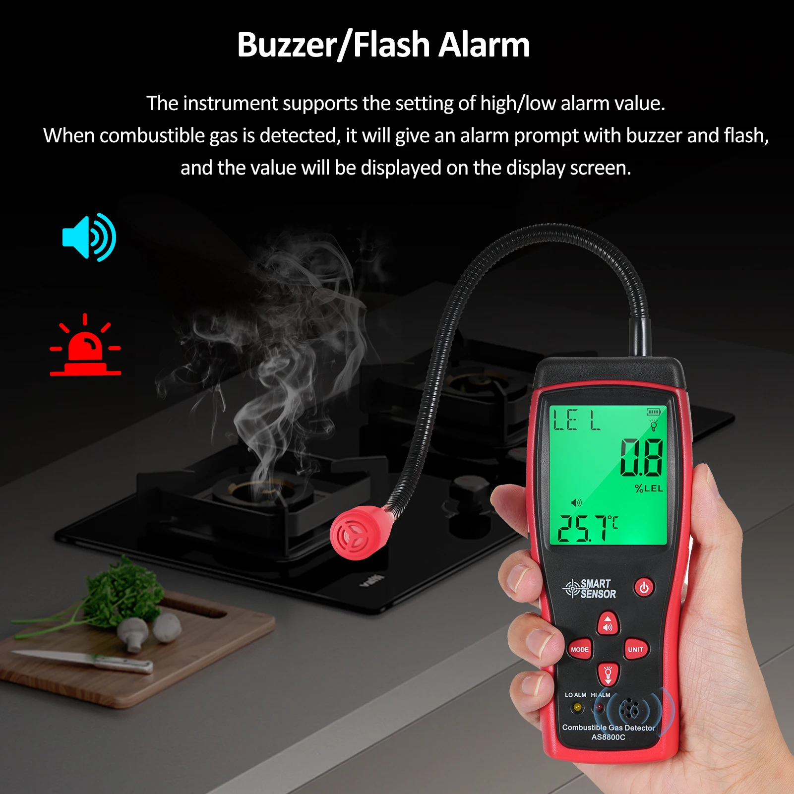 SMART SENSOR Handheld Combustible Gases Natural Gases Leak Detector with Temperature Test and Sound Light Alarm Function