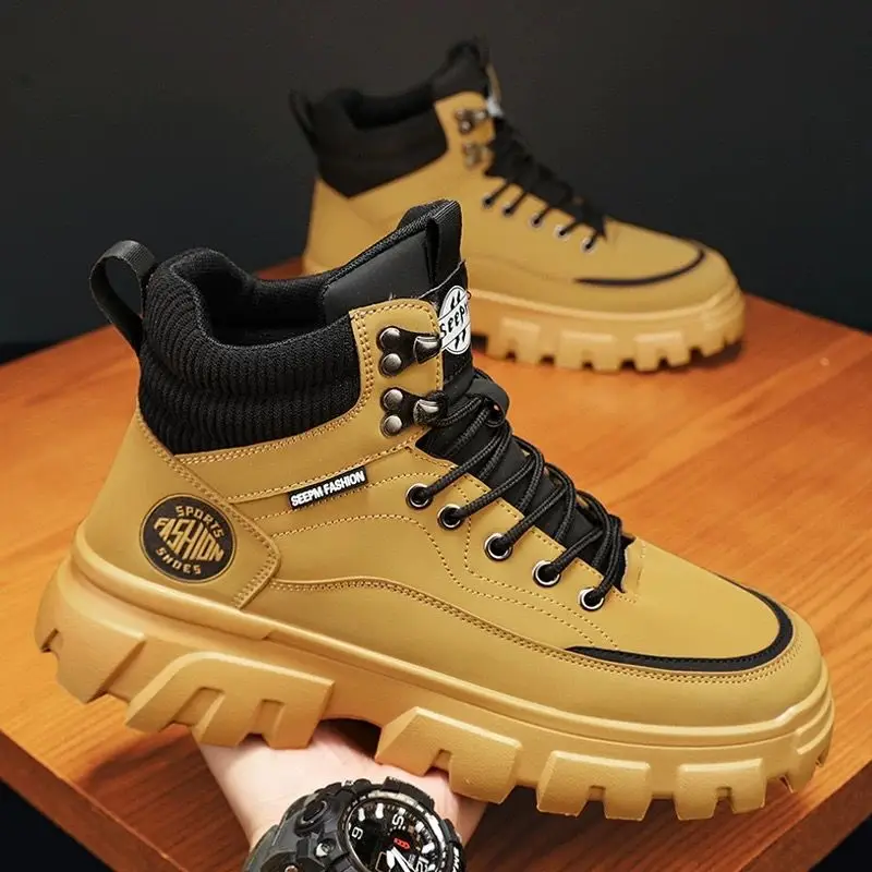 

Leather High-Top Men's Boots Autumn Winter Waterproof Thickened Boots British Style Yellow Short Hiking Boots for Men
