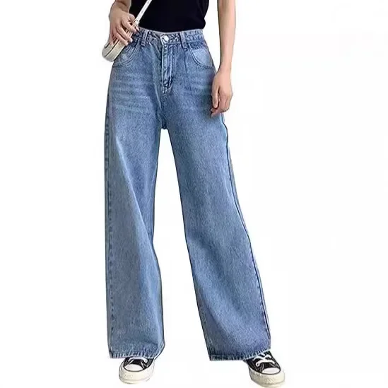 

Jeans Women Denim Wide Leg Pants High Waist Washed Distressed Pockets Floor Length 2025 Streetwear Basis Straight Trousers