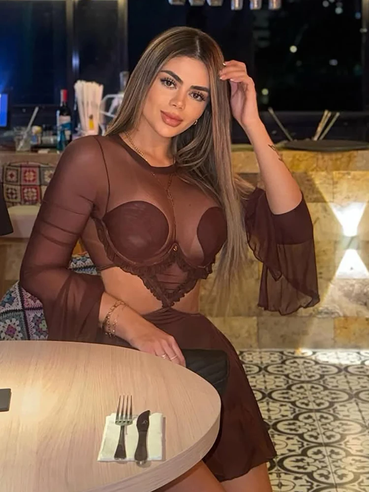 Weird Puss Waistless Pleated Hem Dress Women See Through Sexy Midnight Full Sleeve Coquette Clubwear Party Rave Mini Bodycon