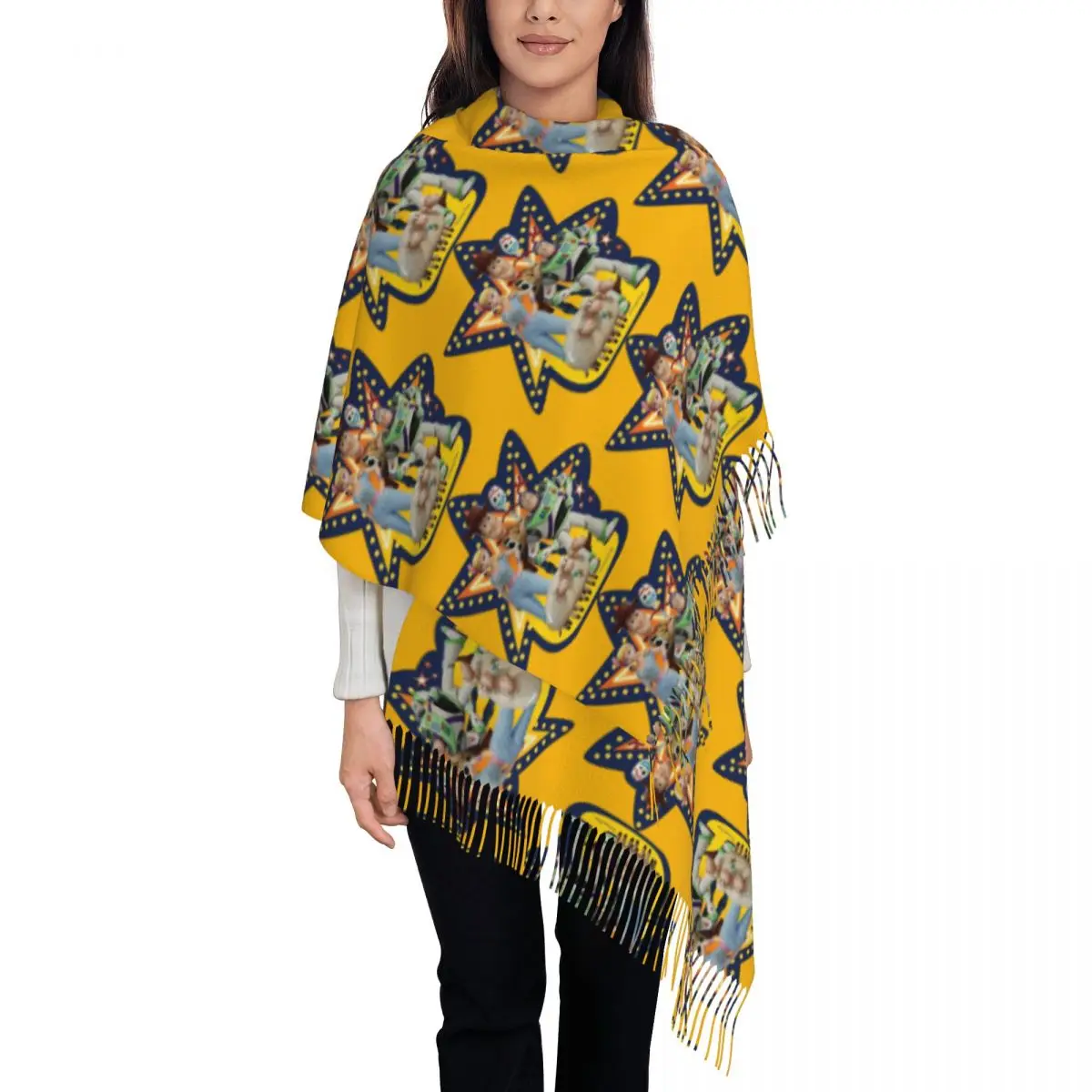 

Изготовленный на заказ шарф с героями мультфильмов «История игрушек» для женщин, роскошная зимняя накидка, шаль с кисточками