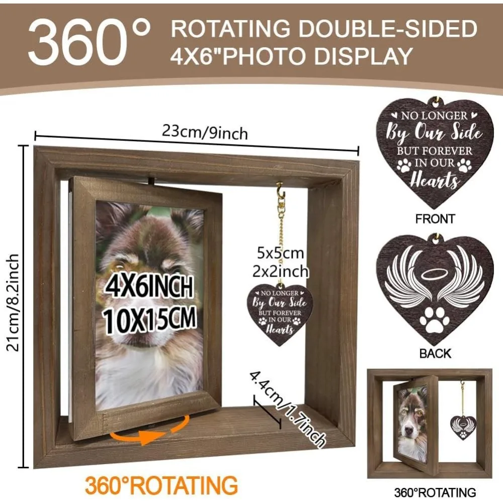 1 Pc Wood Rotating Picture Frame Dark Brown Forever in Our Hearts Memorial Pet Loss Photo Frame with Heart Charms Double Sided