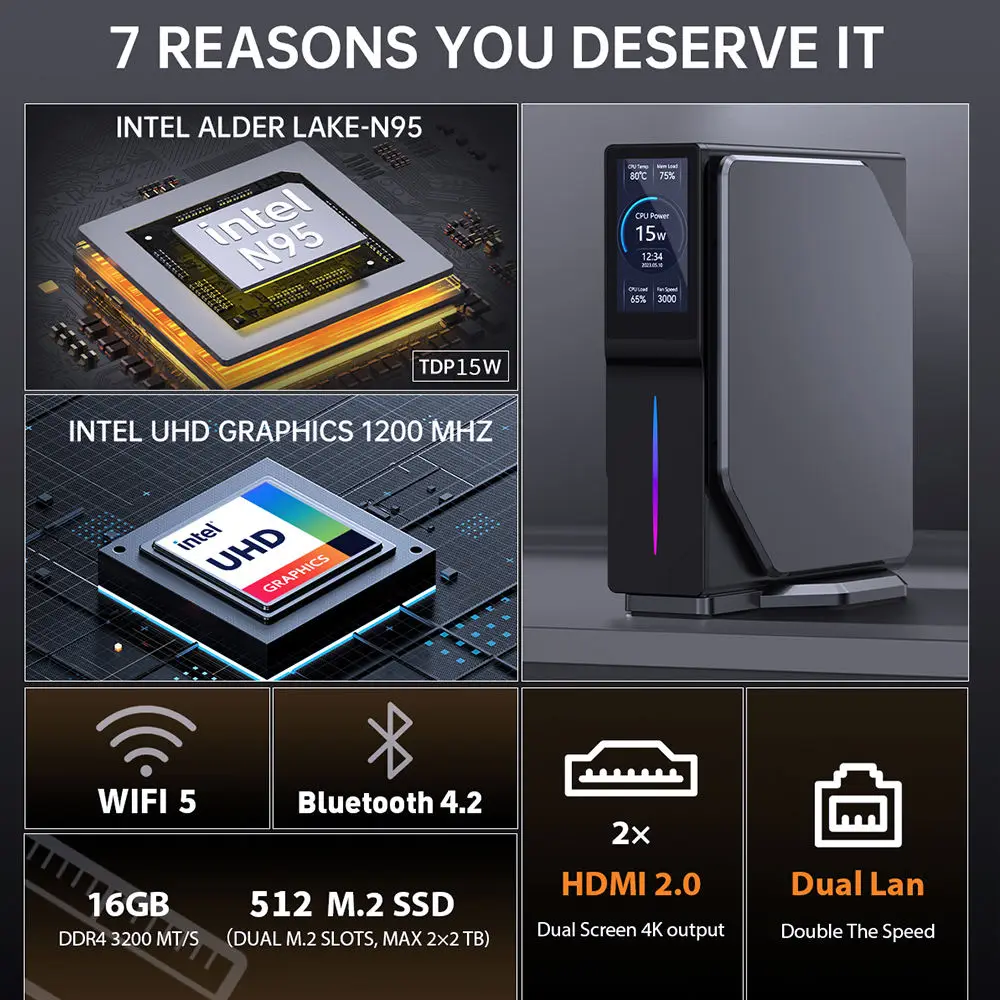Mini PC da gioco Intel Alder Lake-N150 con schermo LCD Mini computer verticale da 16 GB DDR4 512 GB M.2 SSD per ufficio domestico