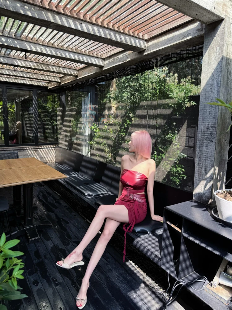 

Cisas Par Cosplay PU Leather Tube Top Vest Hollow out Skirt Set High Waist Slim Fit ort Skirt No Sve Zipper Sle