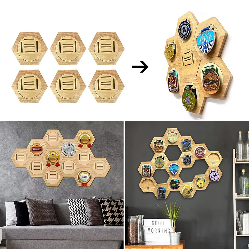 Soporte de exhibición de medallas con combinación de panal, estante Hexagonal de madera, soporte de exhibición de medallas de carreras deportivas para carreras deportivas ﻿