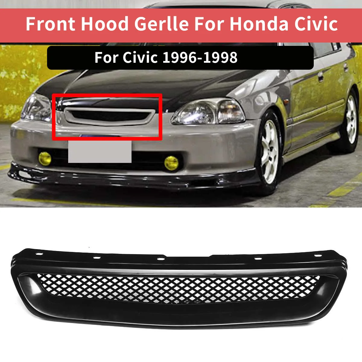 Preto carro dianteiro pára-choques Hood Grill, Grille Capa Trim para Honda Civic EK, CX, DX, EX, HX, LX, Type R, 1996, 1997, 1998, ABS