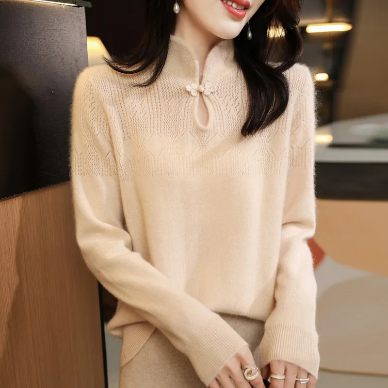 Style Cheongsam Thicked Female Wool Sweater Base Half Turtleneck Temperament Slimming Sweater Inner