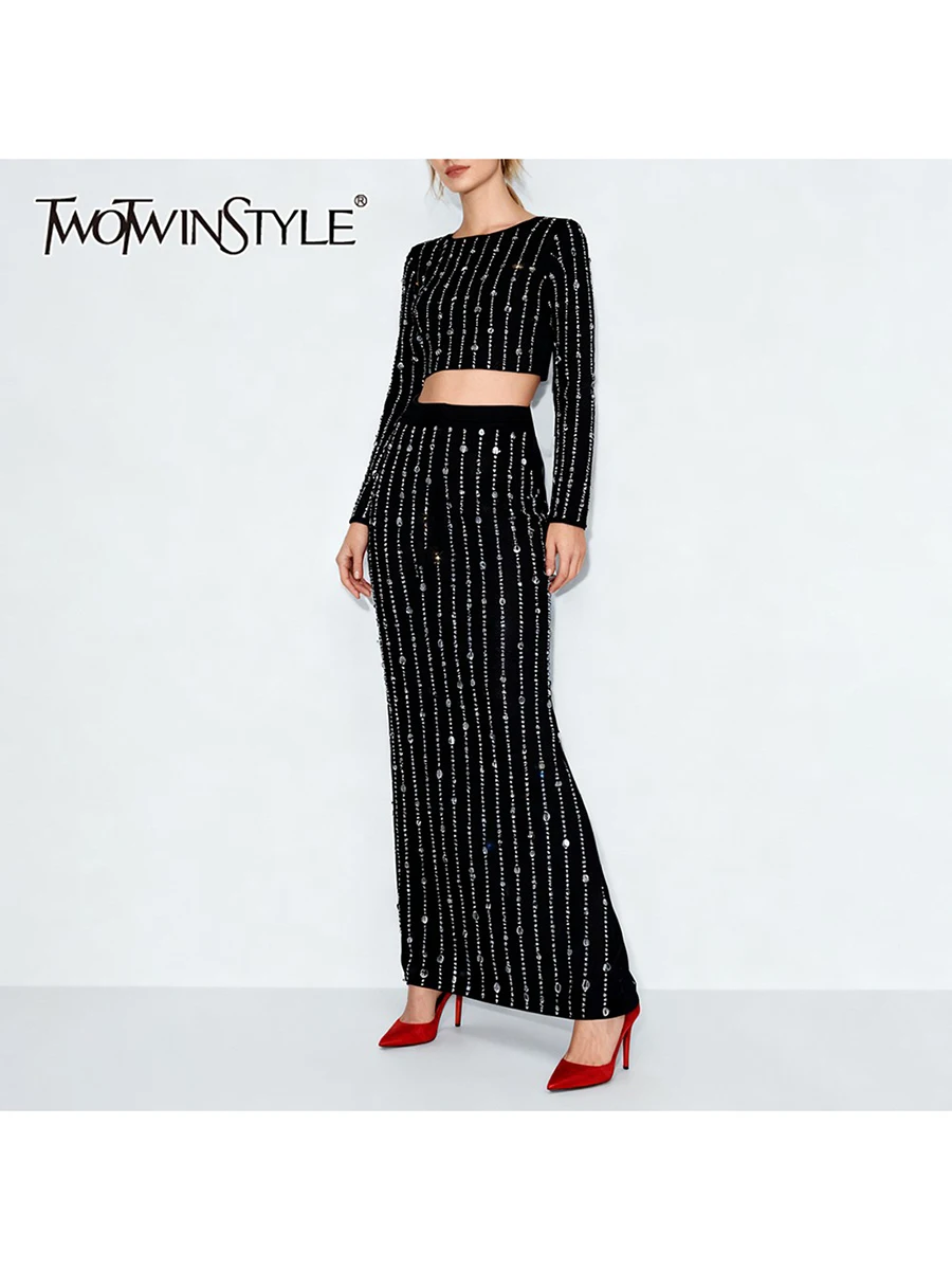 TWOTWINSTYLE Solid Spliced Bead Fashion Two Piece Sets for Women O Neck Long Sleeves Short Top High Waist Skirt Set Female New
