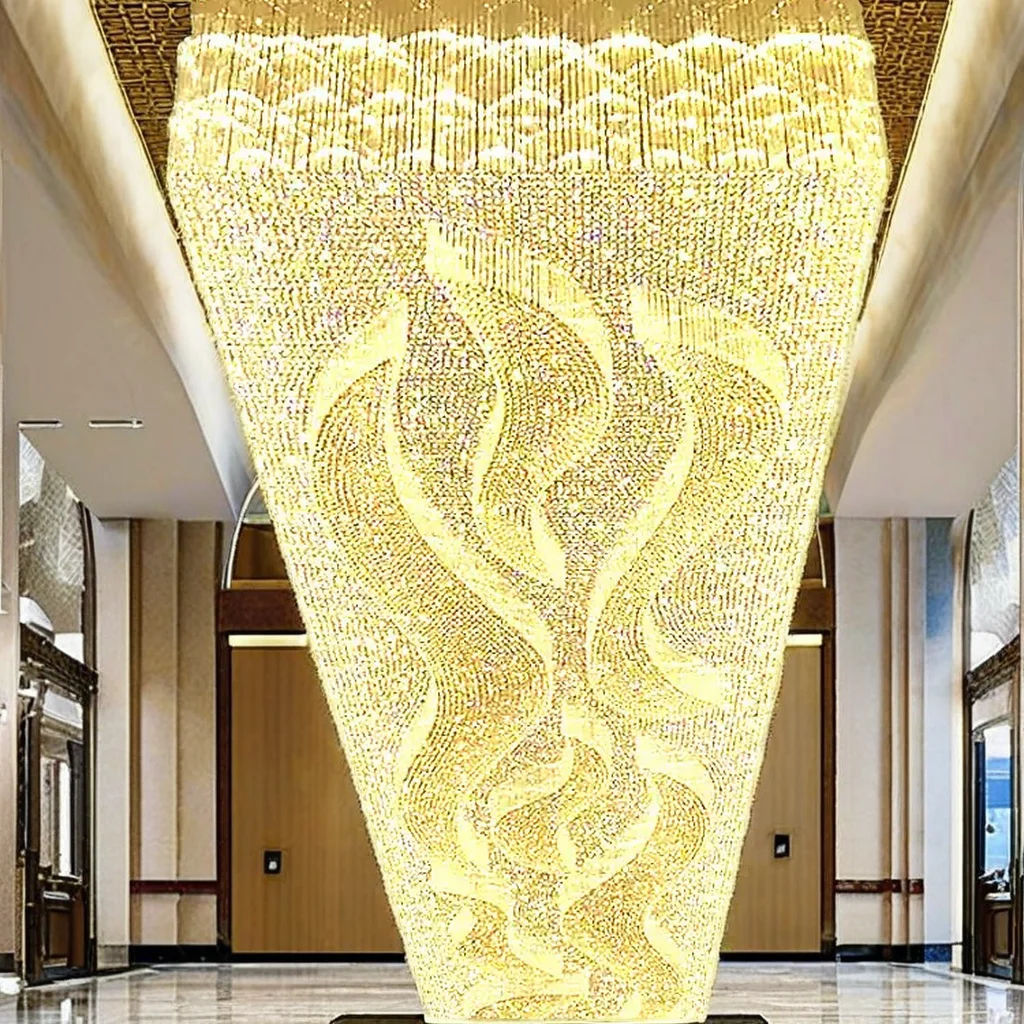 Luxury Large Rectangle Crystal LED Chandelier with Gold Finish for Hotel Ballroom Ceiling Pendant Lighting