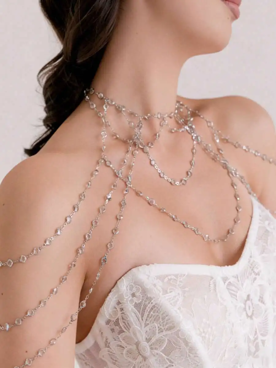 

1pc New Multilayer Tassel Shoulder Chain, Minimalist Luxury Crystal Body Chain, Elegant Bridal Wedding Gown Evening Dress