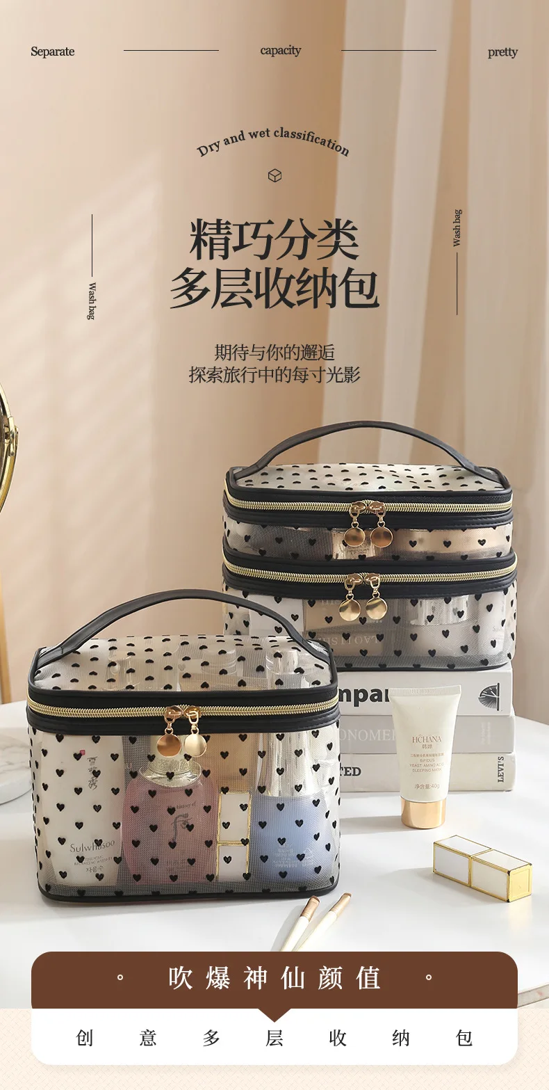 Doppelschichtige schwarze Mesh-Kosmetiktasche für Reisen, tragbar, großes Fassungsvermögen, Make-up-Koffer, Organizer, Aufbewahrungstasche, Kulturbeutel mit Reißverschluss – Detail 1