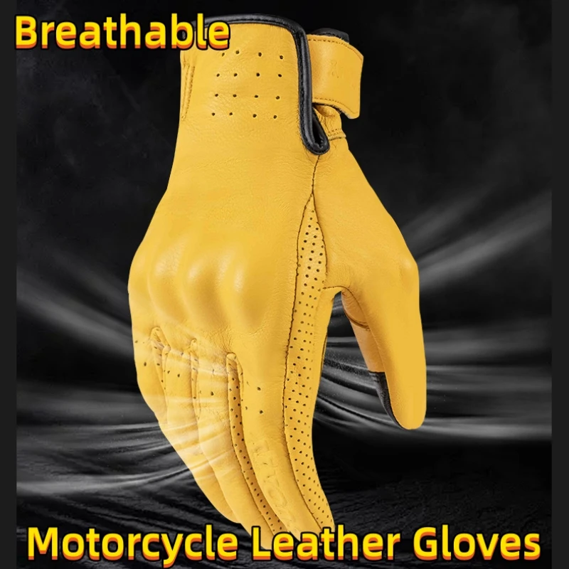 

Non-Perforated Yellow Retro Leather Motorcycle Gloves Men Women Motorbike Racing Touch Screen Motocross Moto Riding Gear Gloves