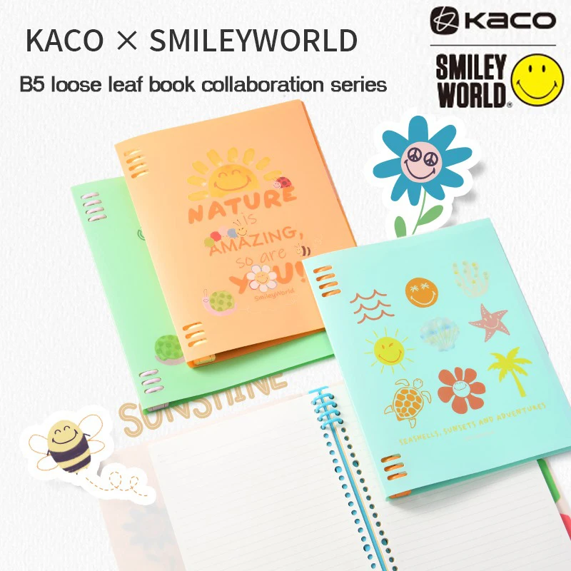 KACO Cute Spiral Notebook Smiley Face B5 Loose-leaf Binding Journal Notepad, Removable Handbook Note-taking Carry on the Go Book