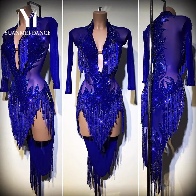 Latin Dance Dress High-end Custom Blue Mesh Diamond Stripe Tassel Samba Tango Women's Adult Stage Professional Clothing