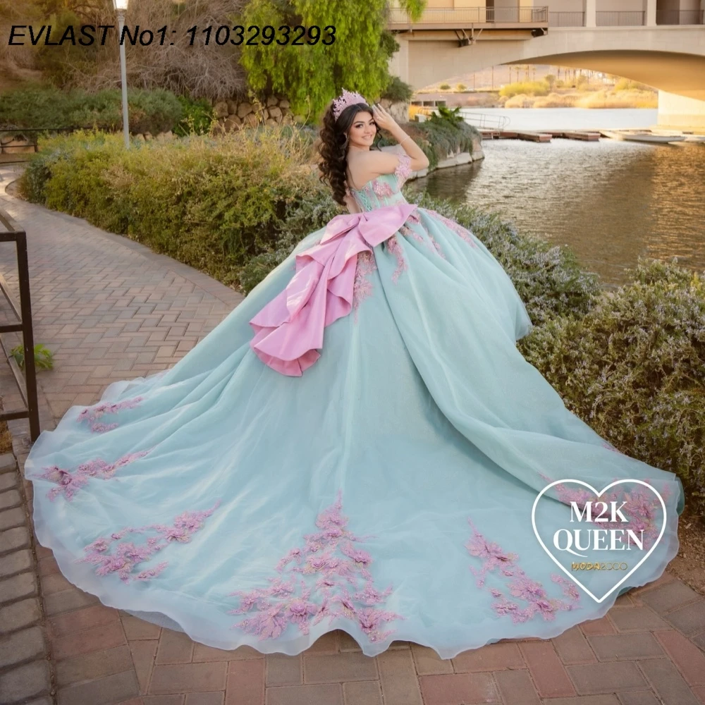

EVLAST Customized Mint Green Ball Gown Quinceanera Dress Pink Applique Beading Bow Corset Sweet 16 Vestidos De 15 Anos E1Q888