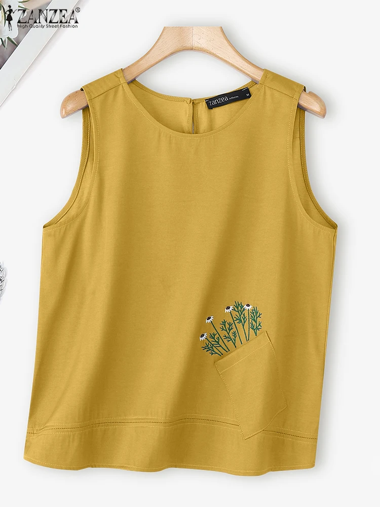 ZANZEA Moda Ricamo floreale Top Donna Senza maniche Carro armato Top 2025 Tees Tasche Estate Casual Allentato Camis Coreano Dolce Camicie