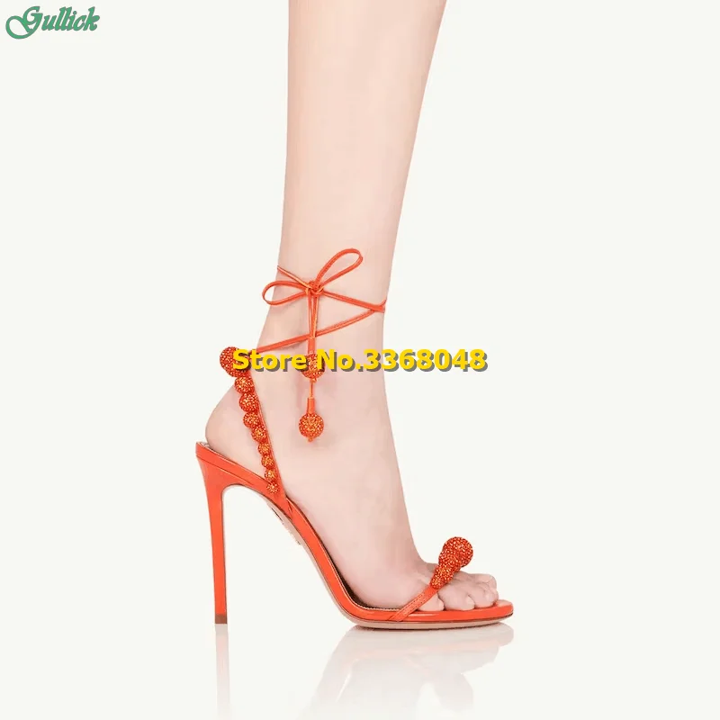 Sparkle Crystal Ball Lace Up Sandals Stiletto Thin High Heel Yellow Orange Open Toe Strap Fashion 2024 New Arrivals Shoes