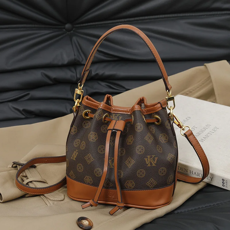 

Premium Vintage Print Drawstring Bucket Bag, Stylish Shoulder Crossbody Handbag for Women, Casual Chic Niche Design