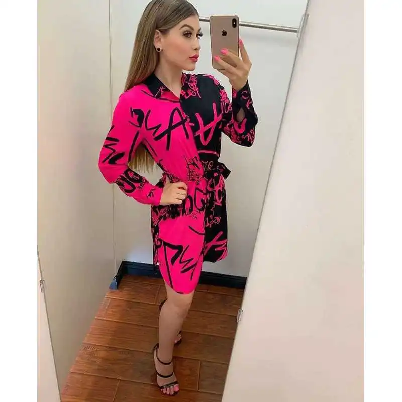 

M7249 Women's Autumn Faion Two-Color Patchwork Letter Print Cleanfit irt Long Sve Thin Polypropylene Fabric