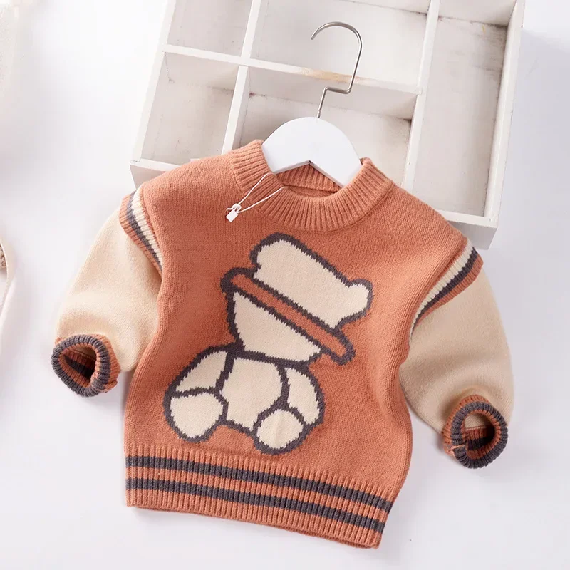 2024 Autumn Winter Baby Boys Sweater Children Knitted Clothes Kids Pullover Jumper Toddler Coat Striped Cartoon Sweaters