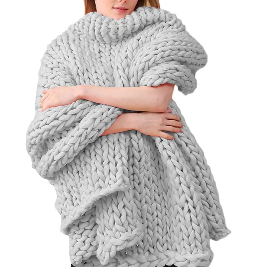 Cashmere-Like Knitted Throw Hand-Woven Large Comfortable Mat Coarse Wool Solid Color Sofa Blanket