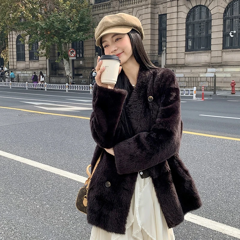 Real Fur Coats Woman Imported Ragon Wool Double-Breasted Stand Collar Simple Versatile Medium-Length Lamb Fur Leather Jacket