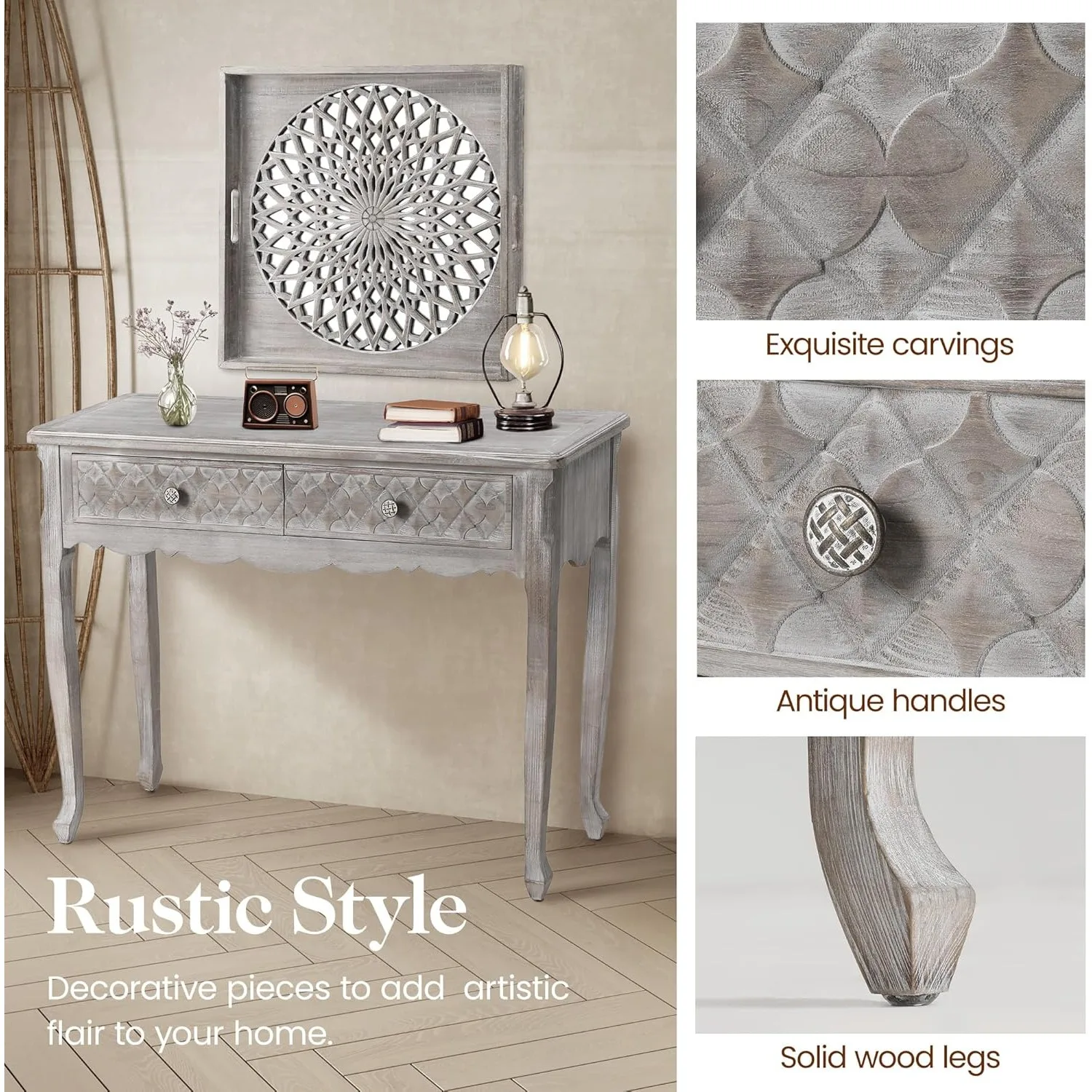 Solid Wood Entryway Table, Farmhouse Console Table with Storage and Carved Drawers, Rustic Console Tables for Entryway