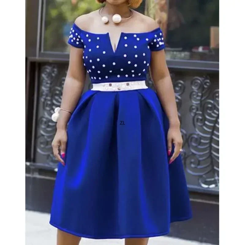 Elegant Beading Pleated A-Line Dress Women African Clothes Evening Dress Short Sleeve High Waist Solid Blue Party Long Dress