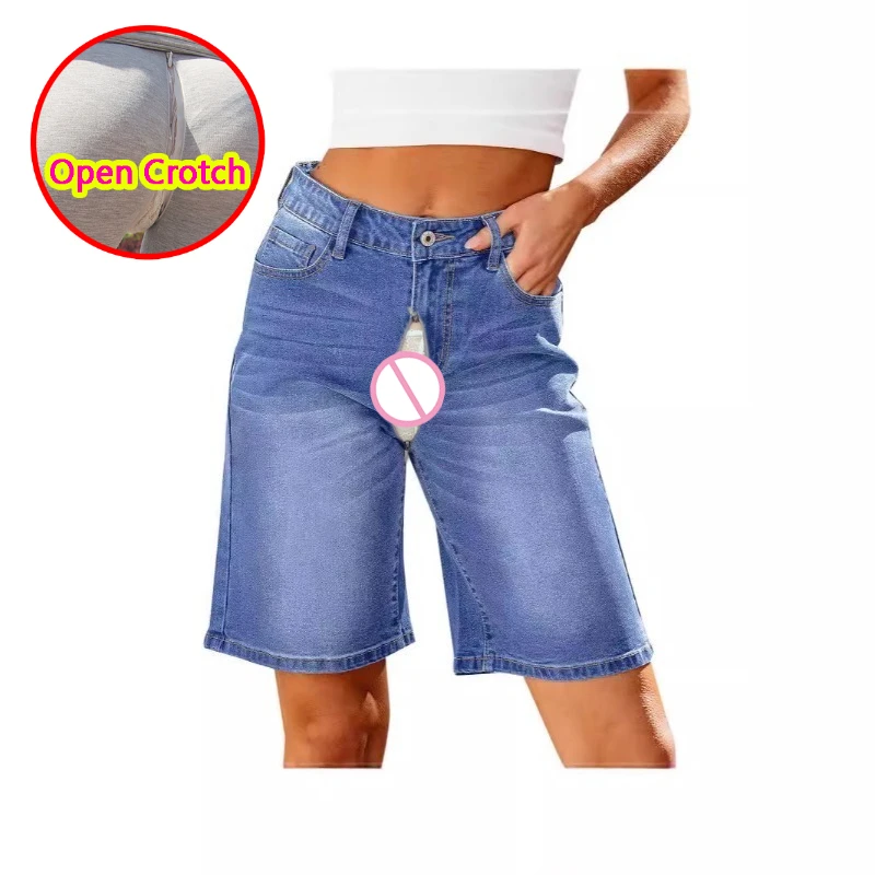Woman Open Crotch Jeans Fashion Slim Knee Length Summer Blue Crotchless Hidden Zipper Leggings Skin Mini Pants Daily Clubwear