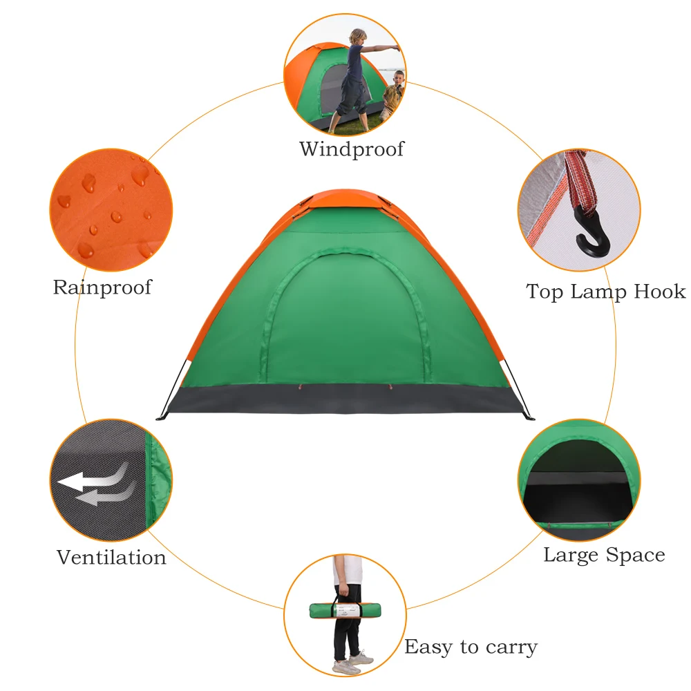 2 Person Waterproof Camping Dome Tent for Outdoor Hiking Survival Orange and Green