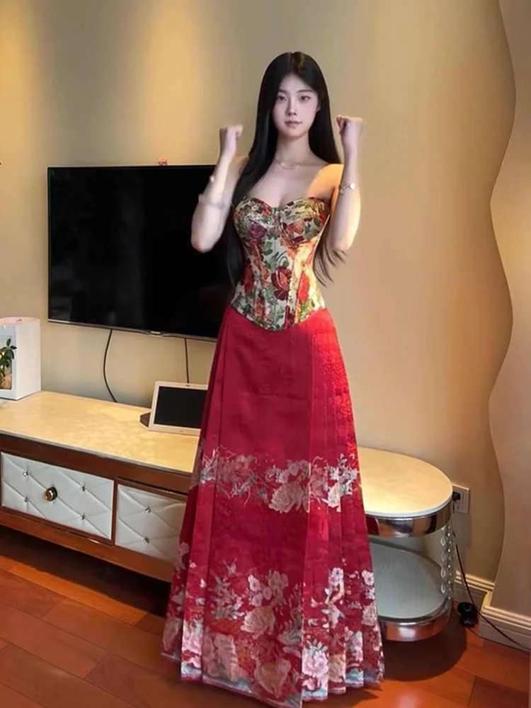 

plus Size Women's Traditional Chinese Style Printed Fishbone Tube Top And Skirt Set Red Improved Tailed Skirt