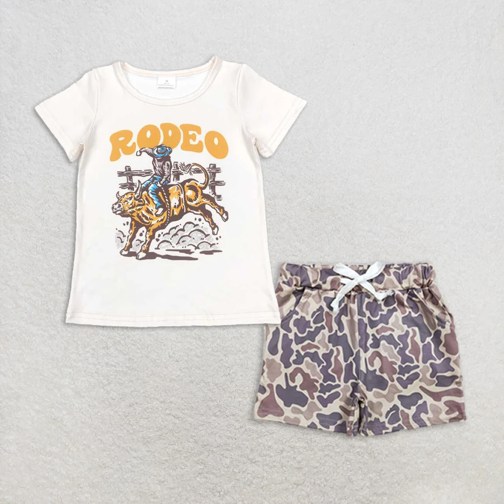 Wholesale Toddler Baby Boy Outfit Children Short Sleeves Cow Shirt Pockets Camo Shorts Bottom Infant Set Western Clothing