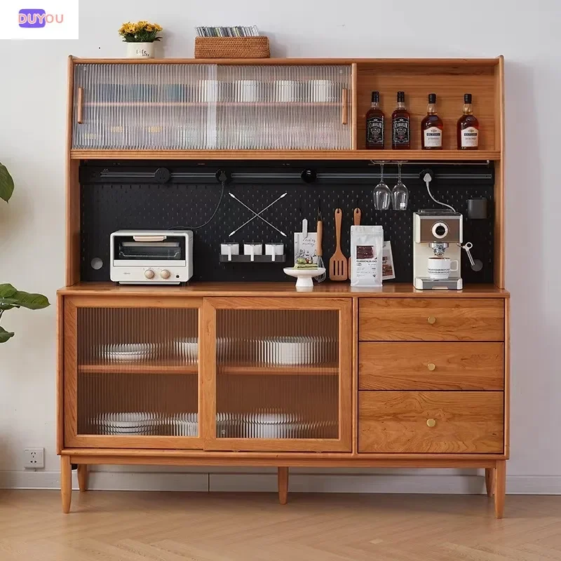 for Solid Wood Cherry Dining Side Cabinet with Rock Slab Track Countertop Kitchen Cupboard for Small Apartment Japanese Style