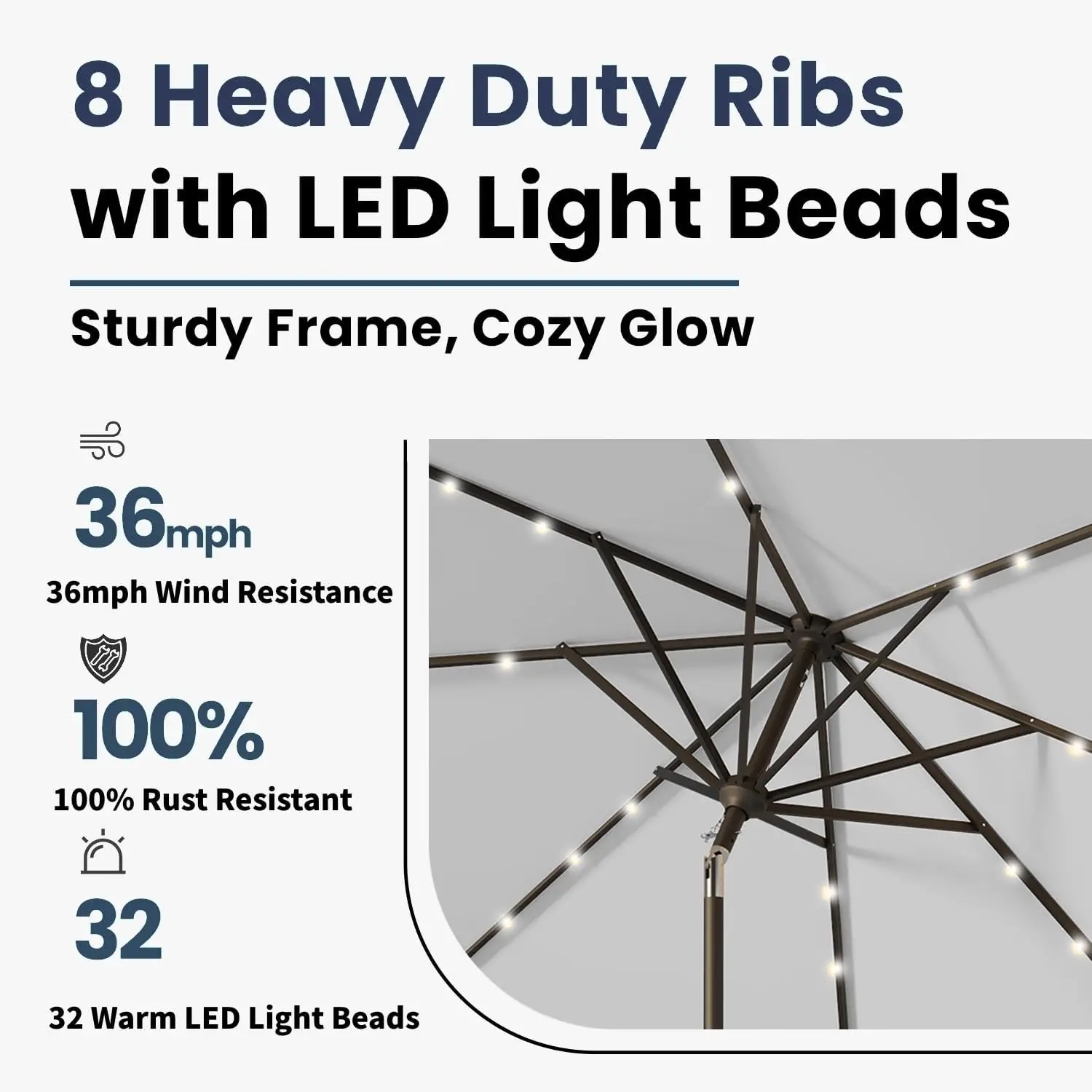 مظلة فناء LED تعمل بالطاقة الشمسية بطول 10 أقدام مع إمالة وكرنك، مقاومة للأشعة فوق البنفسجية للاستخدام الخارجي باللون الرمادي