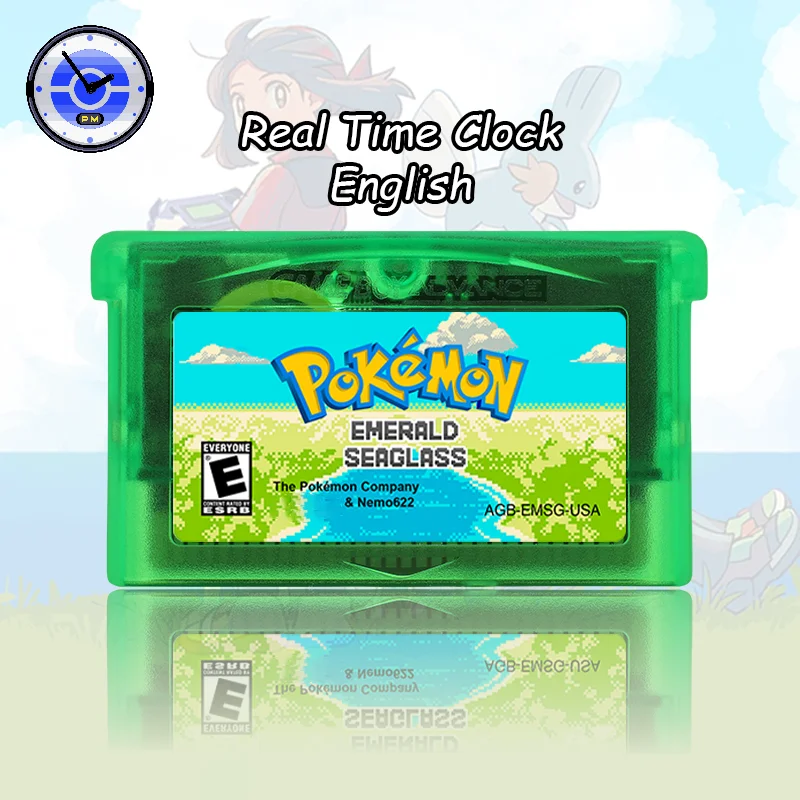 GBA 1M Flash RTC Pokemon Emerald Seaglass v3.0 Video Game Cartridge High Quality with Battery USA Version for GBA SP