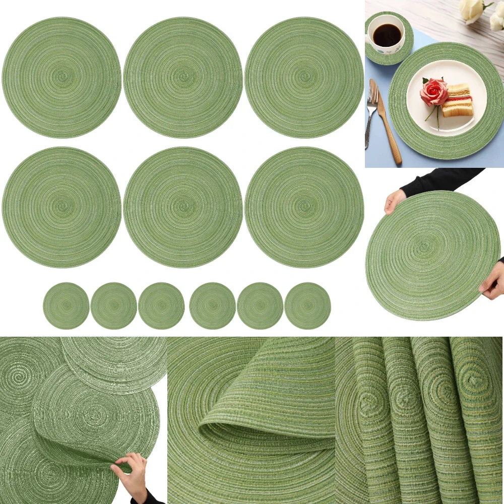 Set of 6 Round Braided Placemats with Coasters Place Mats Non Slip Heat Resistant Table Decor Mats for Home Dining Rome Weeding