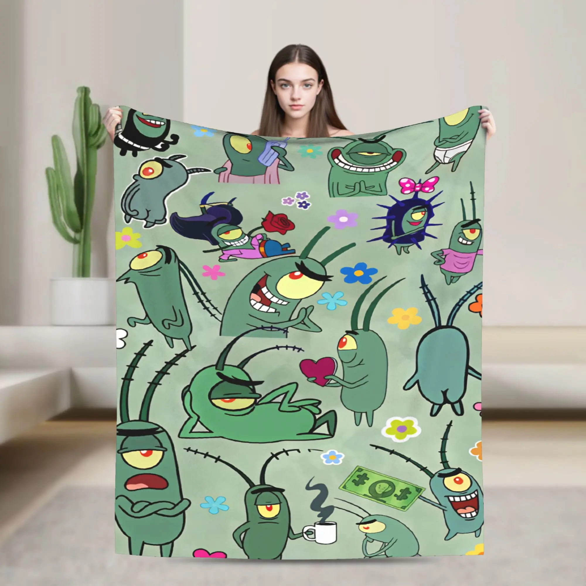 SpongeBobs Plankton  Plush Blanket Boy Girl  Flannel Throw Blanket For Bedroom Super Warm Design Quality Bedspread Gift