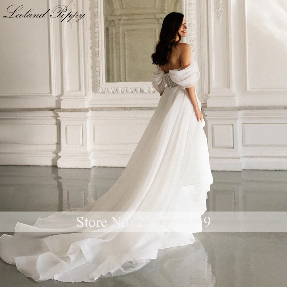Lceland Poppy Customized Off the Shoulder Tulle Wedding Dresses Pearls Beaded High Slit Bridal Gowns with Chapel Train