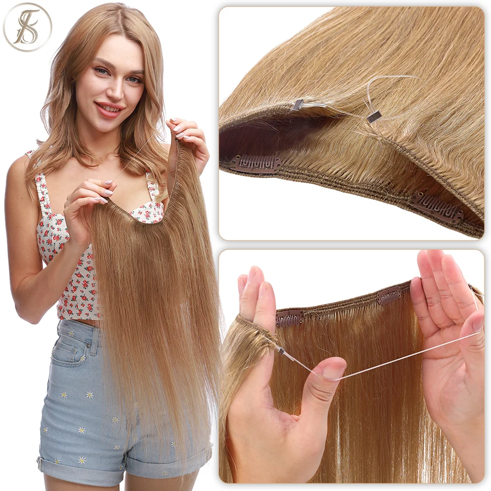 TESS Wire In Hair Extensions Natural Hair Extensions Bundles Human Hair 24inch 80g Straight Clip Hairpiece Invisible Fish Line