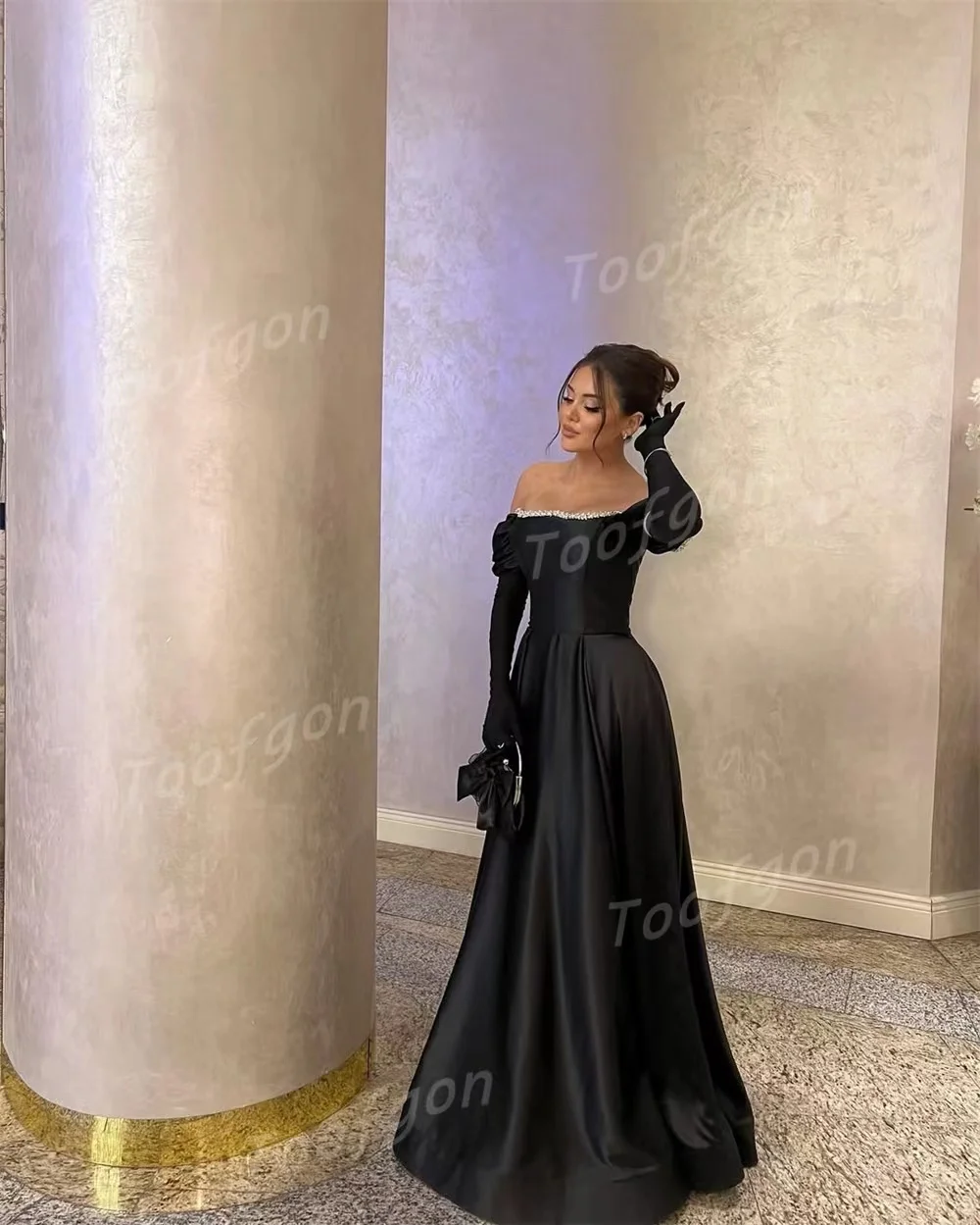 Toofgon 블랙 우먼 새틴 댄스 파티 드레스 비즈 장식 오프 숄더 긴 소매 파티 드레스 맞춤형 정장 이브닝 가운 2026