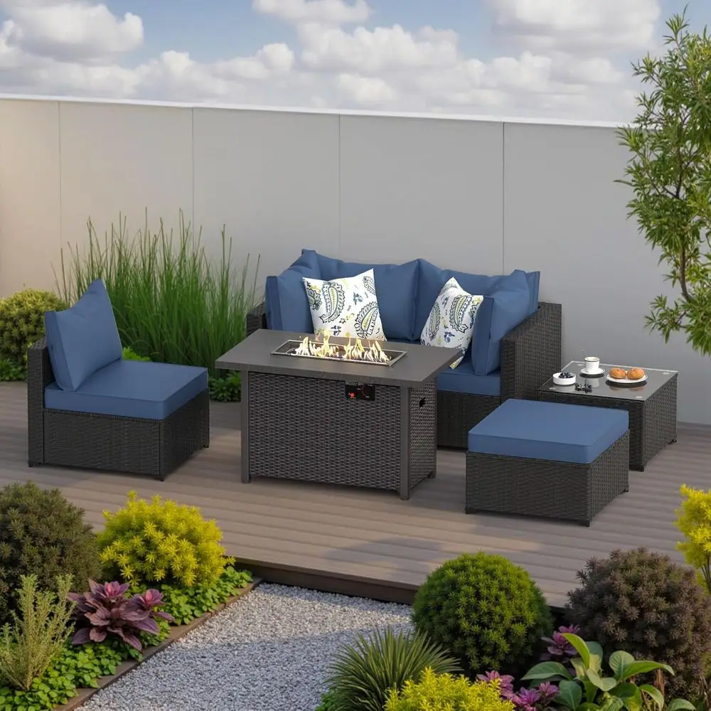 

Patio urniture Set w/ ire Pit Table, 6PCS Outdoor Contion Sets Waterproo Rattan Sectional Soa with 4” Thickened Cushion ular Wic