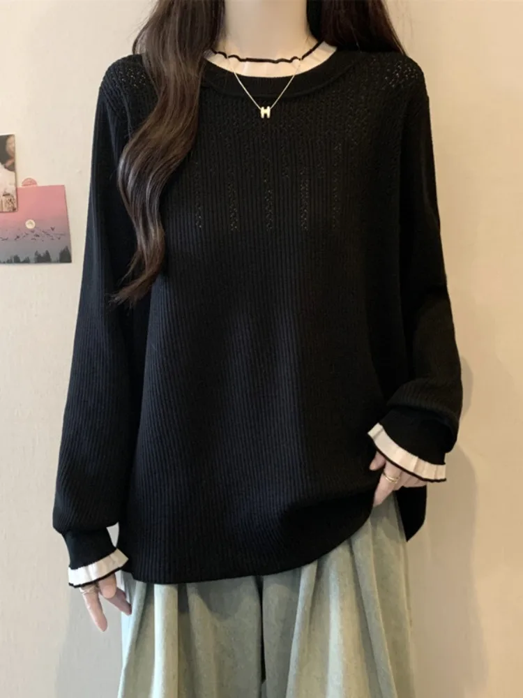 

Свободный вязаный топ для женщин, весенний, больших размеров, модный, стройнящий, скрывающий живот, базовый слой, повседневный стиль