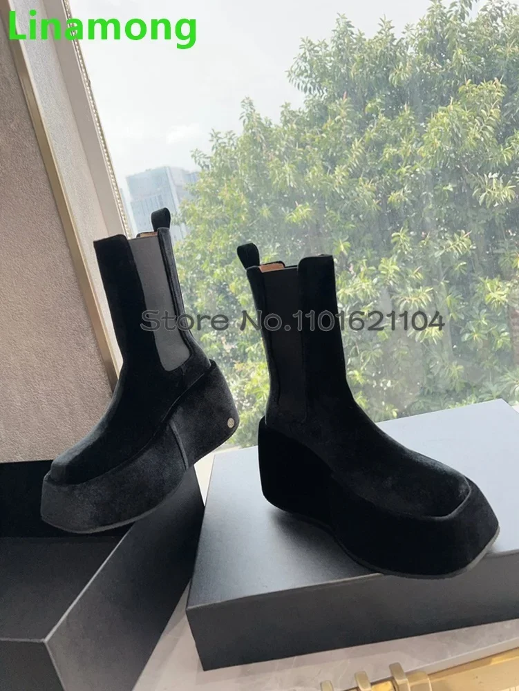 Thick Sole Velour Fabric Luxury Chelsea Boots For Female Women 2024 Newest Square Toe Slip-on Fashion Elegant Solid Winter Shoes