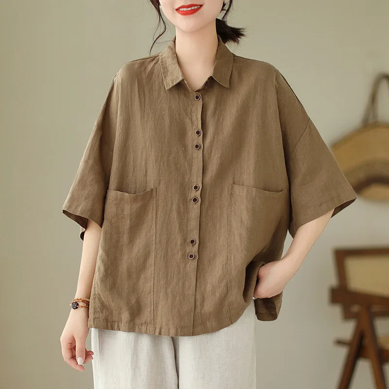 Camisa feminina de linho de algodão com bolso grande lapela manga média solta ajuste casual top agasalhos de comprimento médio