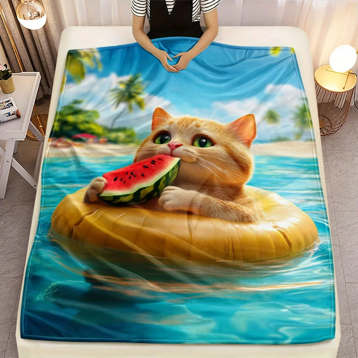 Cute cat eating watermelon on float beach scene flannel blanket summer fun animal print bedding kids room decoration cozy throw