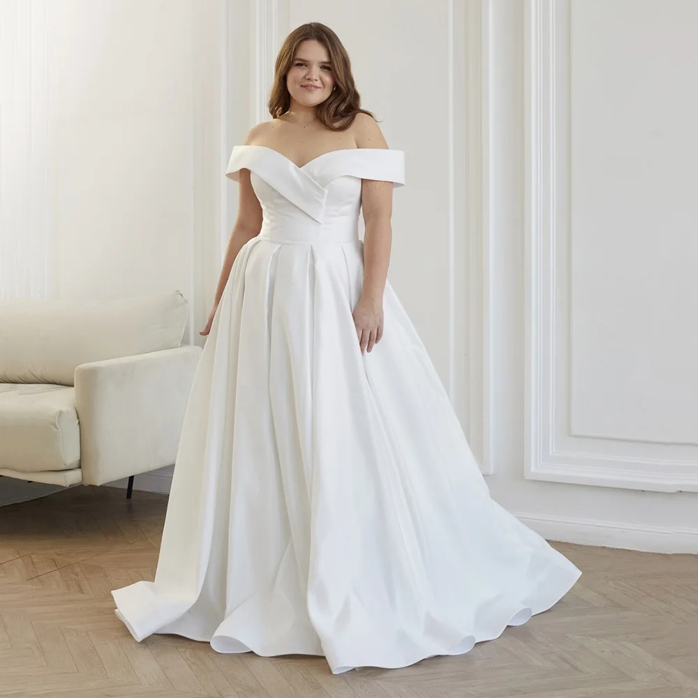 Vestido de Novia de satén con hombros descubiertos, traje elegante de talla grande, blanco marfil, hecho a medida