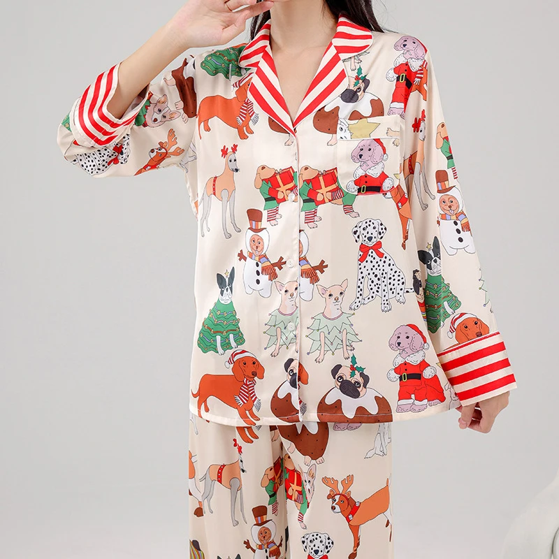 Silk Satin Pajamas Set Nightwear Print Cute Cartoon Pijama Mujer Autumn Spring Women\'s Home Clothes Long Sleeve Sleepwear