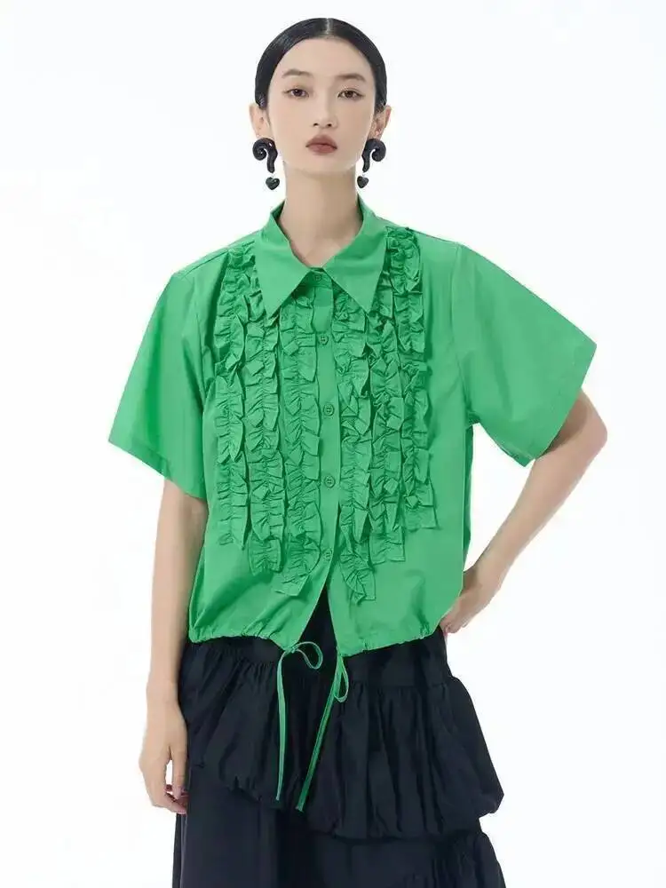 

Women Red Ruffles Drawstring Big Size Elegant Blouse New Lapel Short Sleeve Shirt Fashion Tide Spring Summer